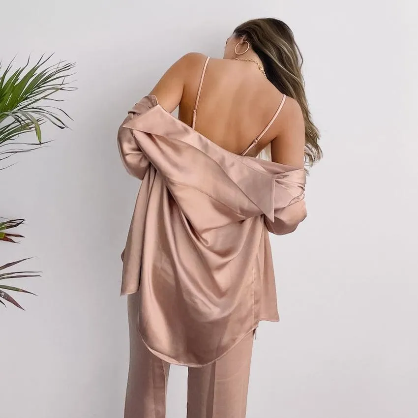 2023 Autumn New Women Pajama Set 3 Pcs Suit Satin Pajamas