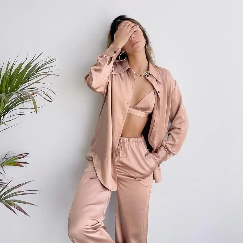 2023 Autumn New Women Pajama Set 3 Pcs Suit Satin Pajamas