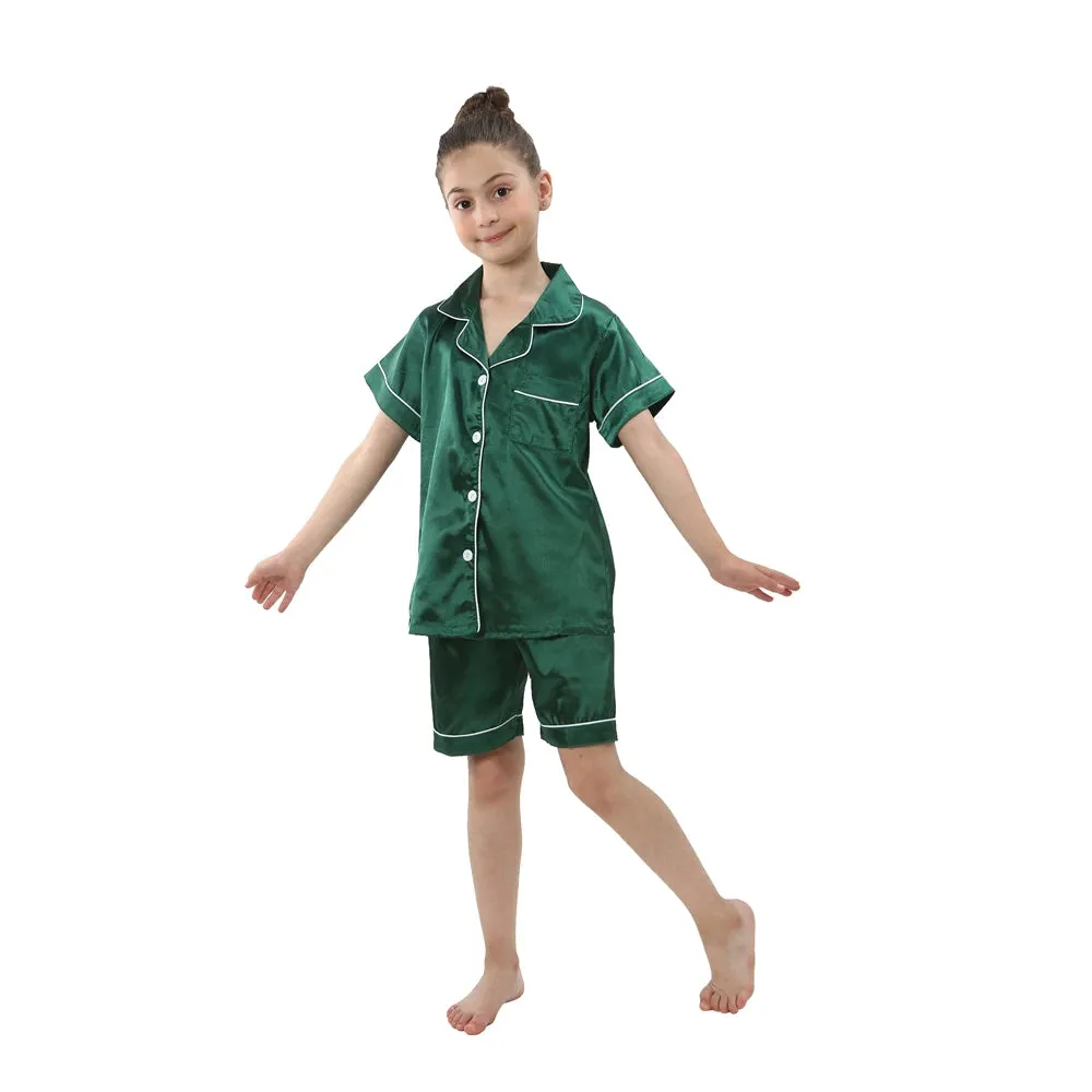 2pcs Boys Girls Pajamas Silk Pants Long Sleeve Solid Button-Down Pyjamas Satin Sets Nightgown Children Sleepwear Kids Loungewear