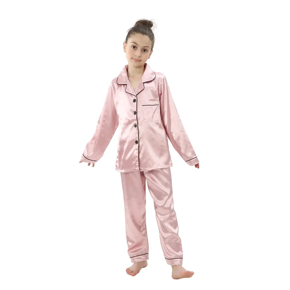 2pcs Boys Girls Pajamas Silk Pants Long Sleeve Solid Button-Down Pyjamas Satin Sets Nightgown Children Sleepwear Kids Loungewear