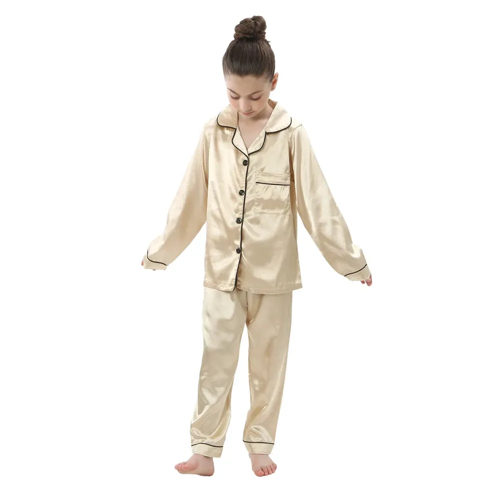 2pcs Boys Girls Pajamas Silk Pants Long Sleeve Solid Button-Down Pyjamas Satin Sets Nightgown Children Sleepwear Kids Loungewear