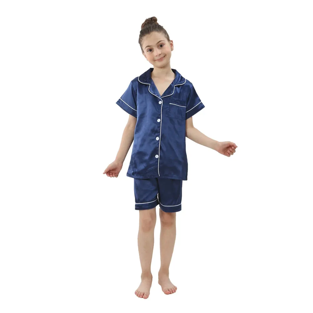 2pcs Boys Girls Pajamas Silk Pants Long Sleeve Solid Button-Down Pyjamas Satin Sets Nightgown Children Sleepwear Kids Loungewear
