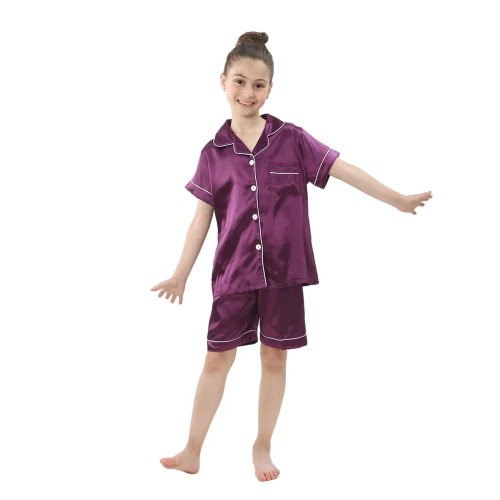 2pcs Boys Girls Pajamas Silk Pants Long Sleeve Solid Button-Down Pyjamas Satin Sets Nightgown Children Sleepwear Kids Loungewear