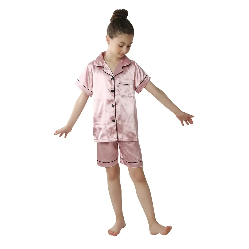 2pcs Boys Girls Pajamas Silk Pants Long Sleeve Solid Button-Down Pyjamas Satin Sets Nightgown Children Sleepwear Kids Loungewear