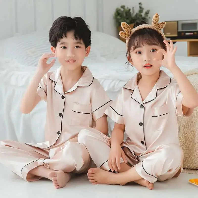 2pcs Boys Girls Pajamas Silk Pants Long Sleeve Solid Button-Down Pyjamas Satin Sets Nightgown Children Sleepwear Kids Loungewear