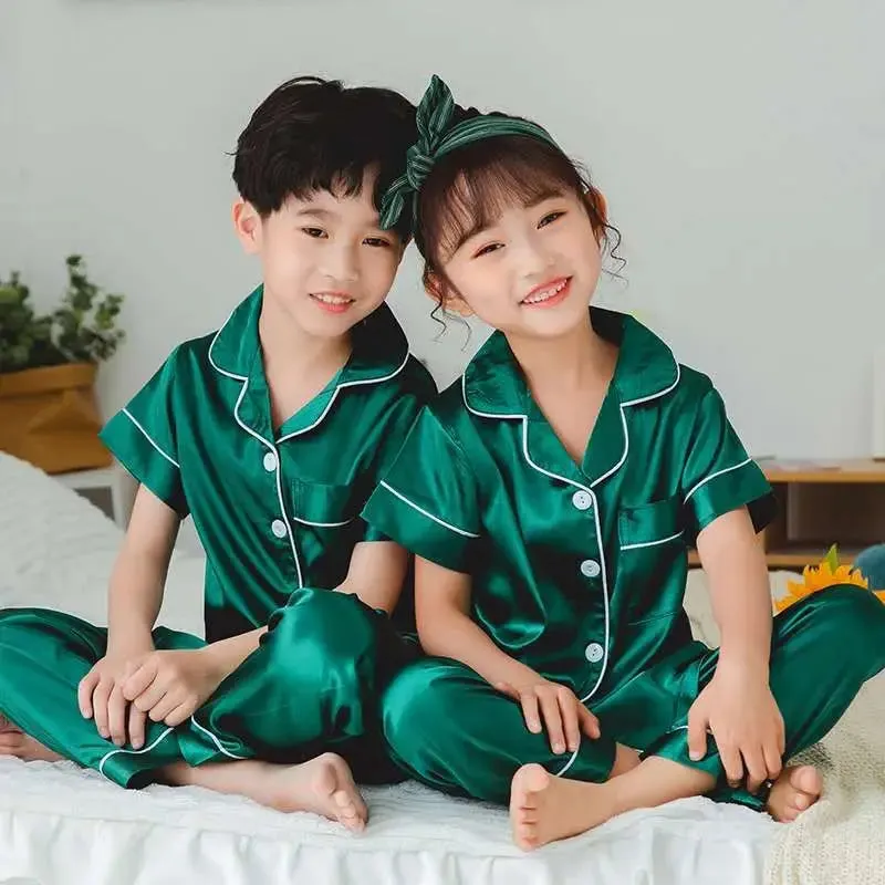 2pcs Boys Girls Pajamas Silk Pants Long Sleeve Solid Button-Down Pyjamas Satin Sets Nightgown Children Sleepwear Kids Loungewear