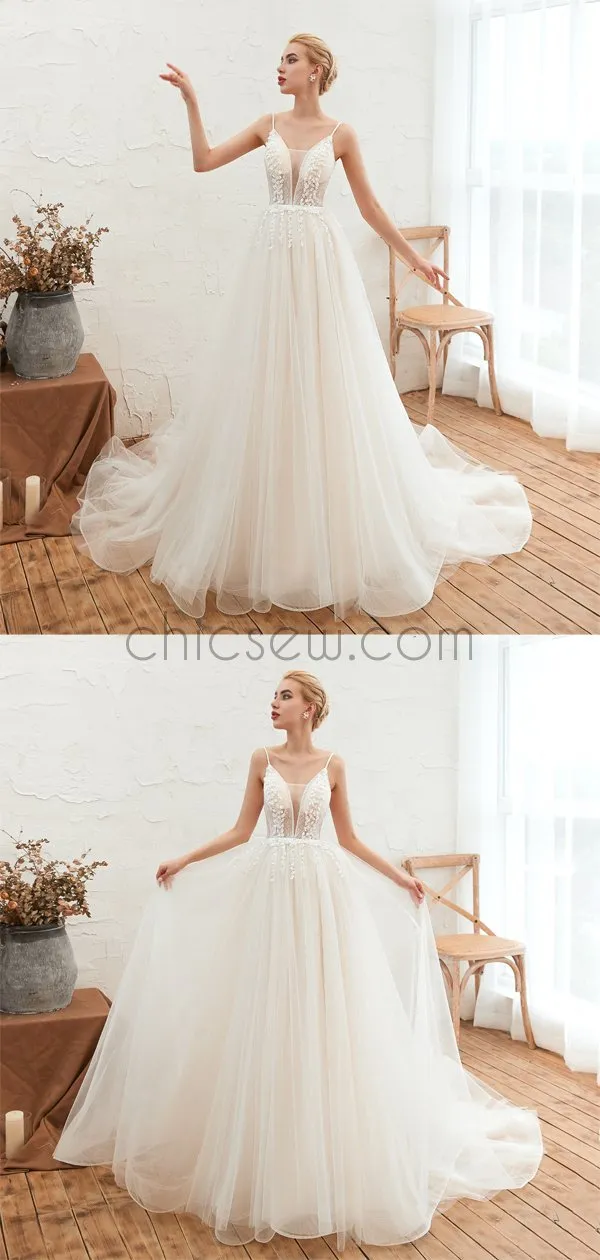 A-line Spaghtti Straps Vintage Lace Smple Country Princess Weddign Dresses LMX1178