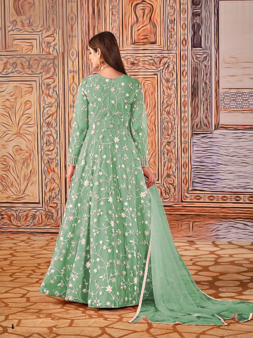Abaya Style Sea Green Thread Floor Length Anarkali Suit
