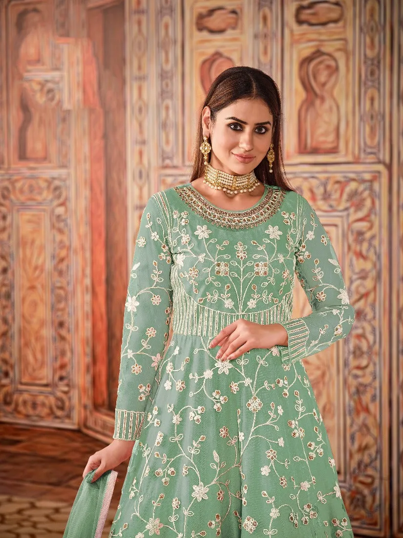 Abaya Style Sea Green Thread Floor Length Anarkali Suit