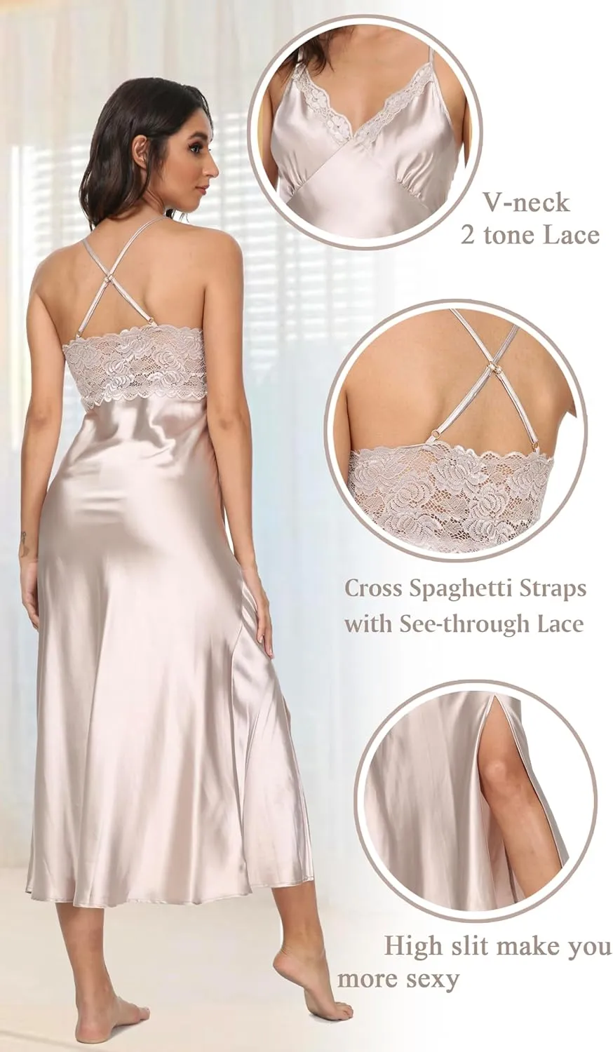 ALCEA ROSEA Women Silk Satin Nightgown Sexy Lace Chemise Lingerie Long Sleepdress for Ladies Sleepwear Slip Negligee
