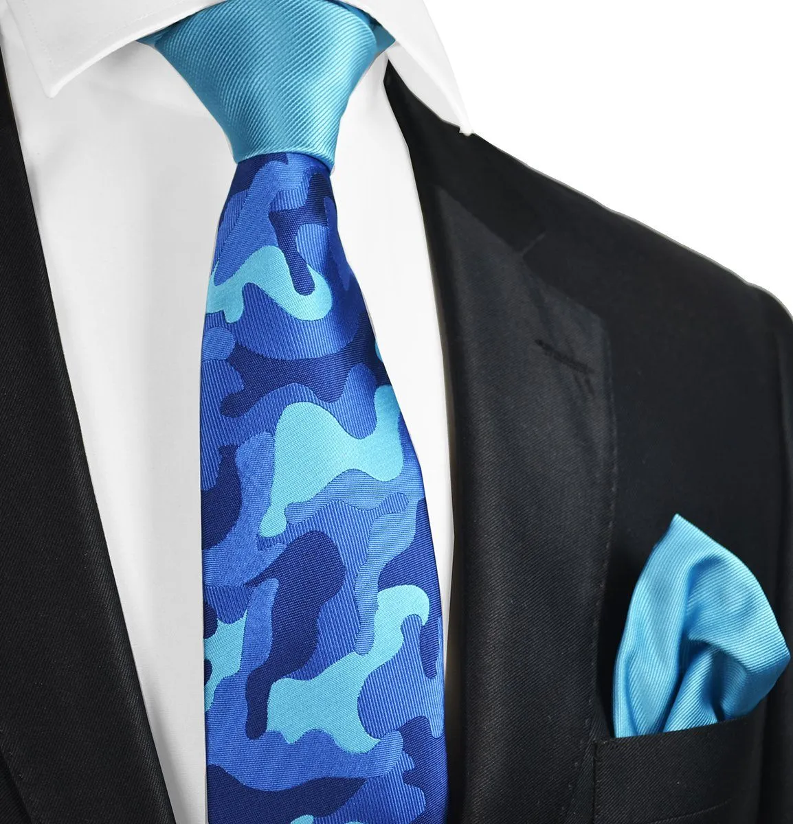 Blue Camouflage Contrast Knot Tie Set by Paul Malone