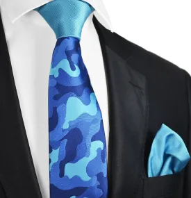 Blue Camouflage Contrast Knot Tie Set by Paul Malone