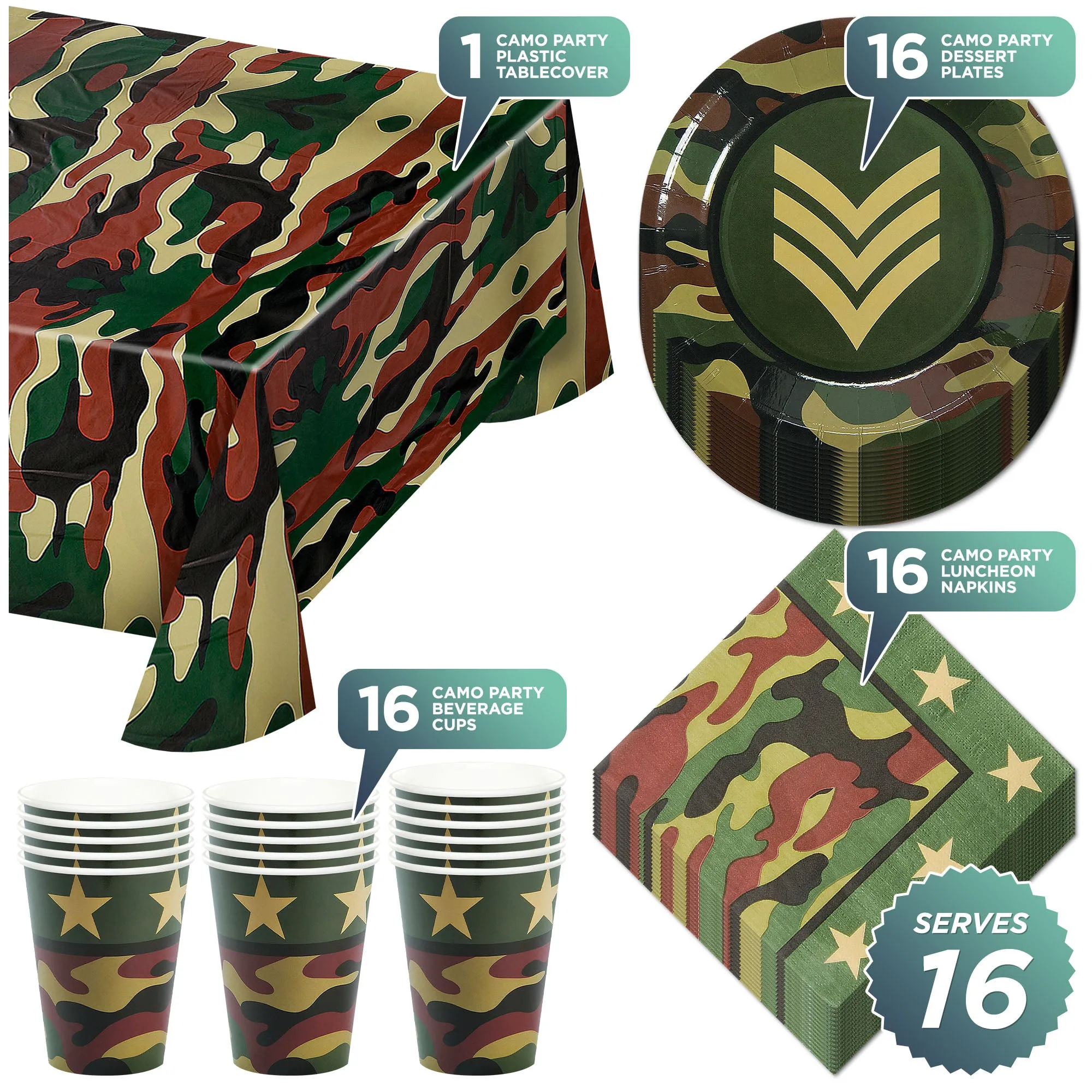 Camouflage Party Supplies for Army & Camo Parties - Plates, Napkins, Cups, & Table Cover