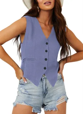 Dokotoo Womens Vest Dressy Casual V-Neck Button-Down Lined Suit Jacket Waistcoat Versatile Vests