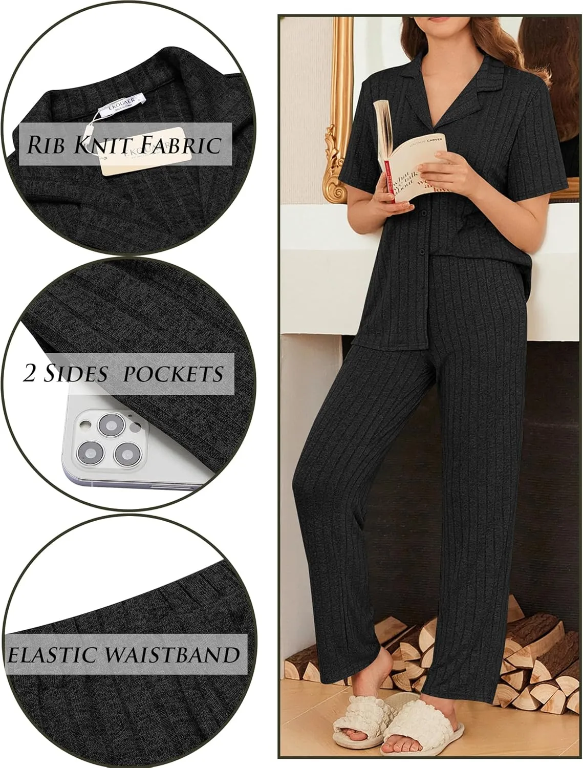 Ekouaer Womens Rib Knit Pajamas Button Up Lounge Sets Short Sleeve Top and Long Pants Matching Pjs Sleepwear Loungewear