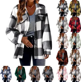 Fuzzy Fleece Plaid Jacket For Women Casual Loose Plus Size Button Down Sherpa Shacket Warm Winter Shearling Coat