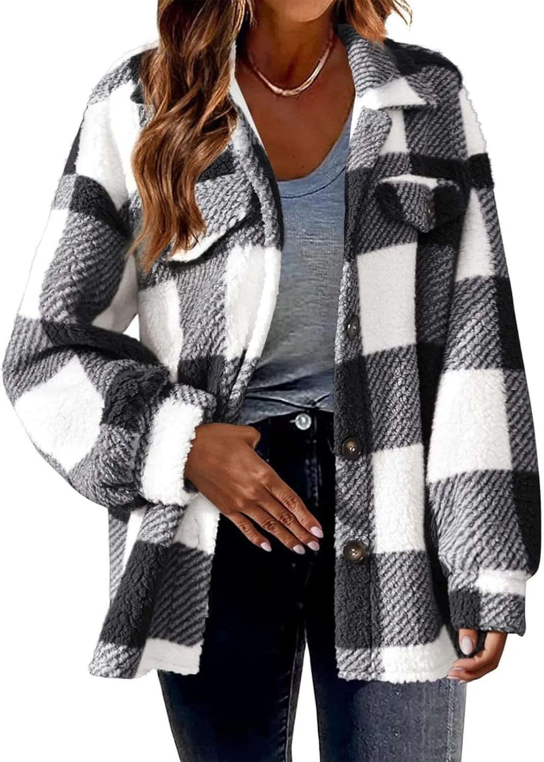 Fuzzy Fleece Plaid Jacket For Women Casual Loose Plus Size Button Down Sherpa Shacket Warm Winter Shearling Coat