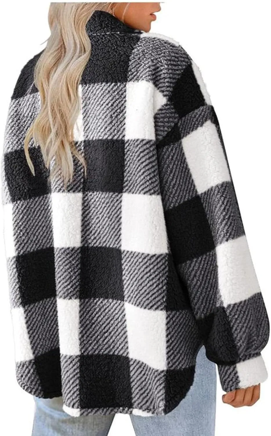 Fuzzy Fleece Plaid Jacket For Women Casual Loose Plus Size Button Down Sherpa Shacket Warm Winter Shearling Coat