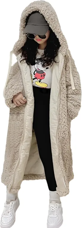 Girl's Fuzzy Fleece Coat with Hood Open Front Long Cardigan Faux Fur Warm Winter Jackets Outwear