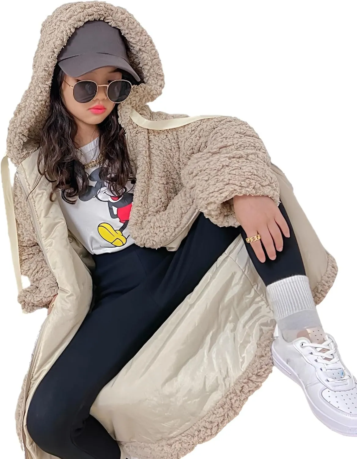 Girl's Fuzzy Fleece Coat with Hood Open Front Long Cardigan Faux Fur Warm Winter Jackets Outwear