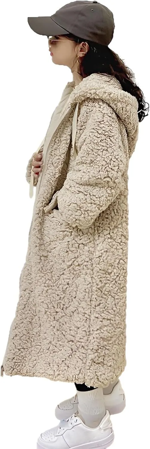 Girl's Fuzzy Fleece Coat with Hood Open Front Long Cardigan Faux Fur Warm Winter Jackets Outwear