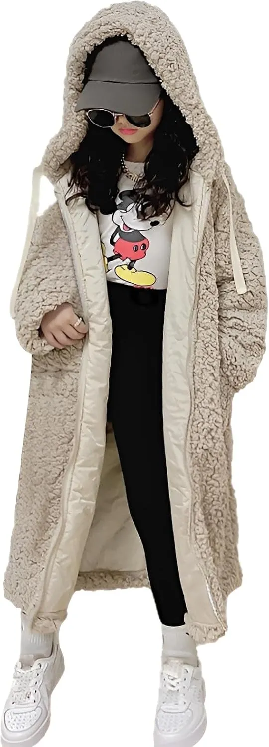 Girl's Fuzzy Fleece Coat with Hood Open Front Long Cardigan Faux Fur Warm Winter Jackets Outwear