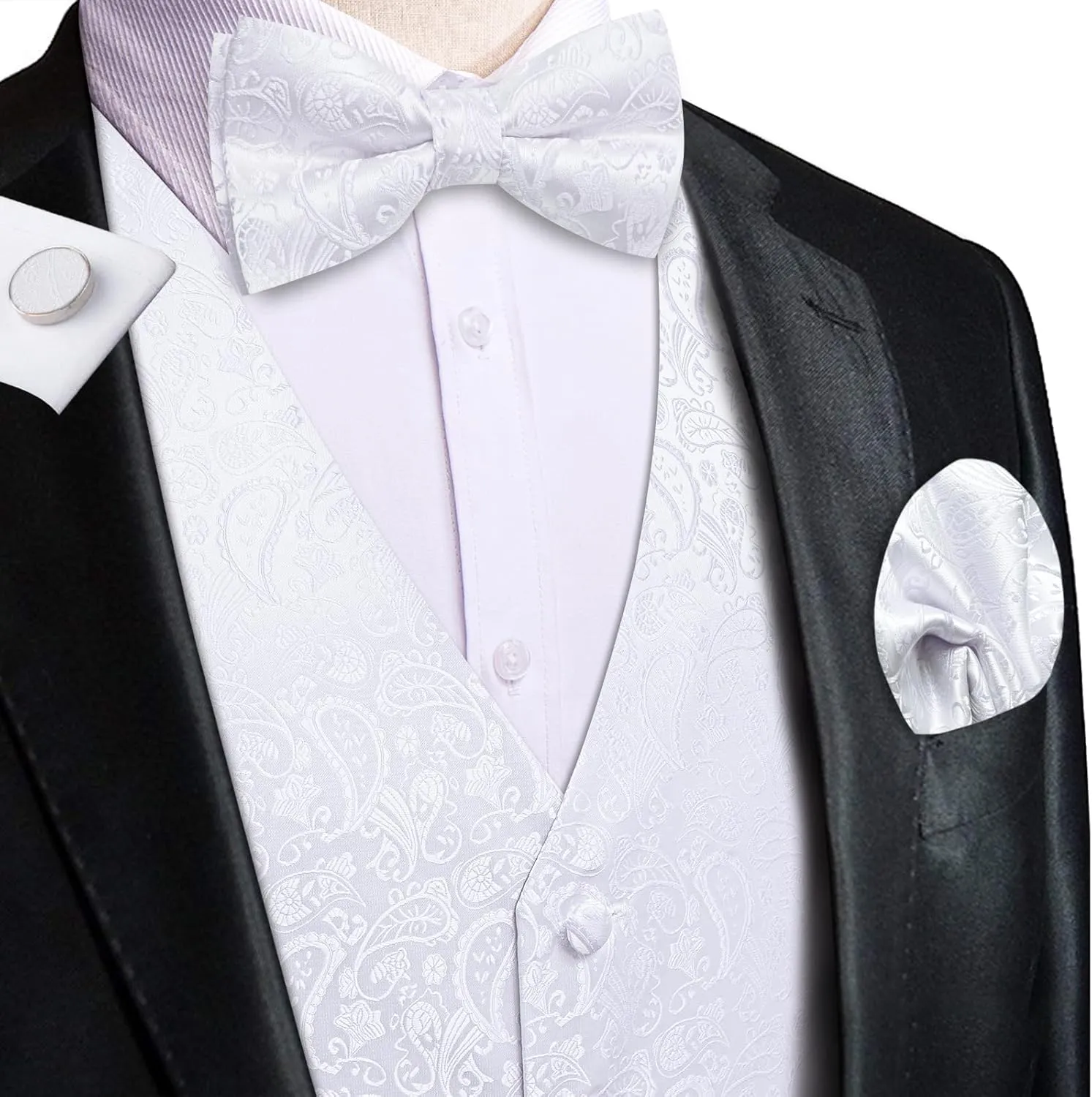 Hi-Tie Men's Silk Vest Bowtie Set Formal Suit Vest Jacquard Tie Handkerchief Cufflinks 5PCS Dress Waistcoats Wedding