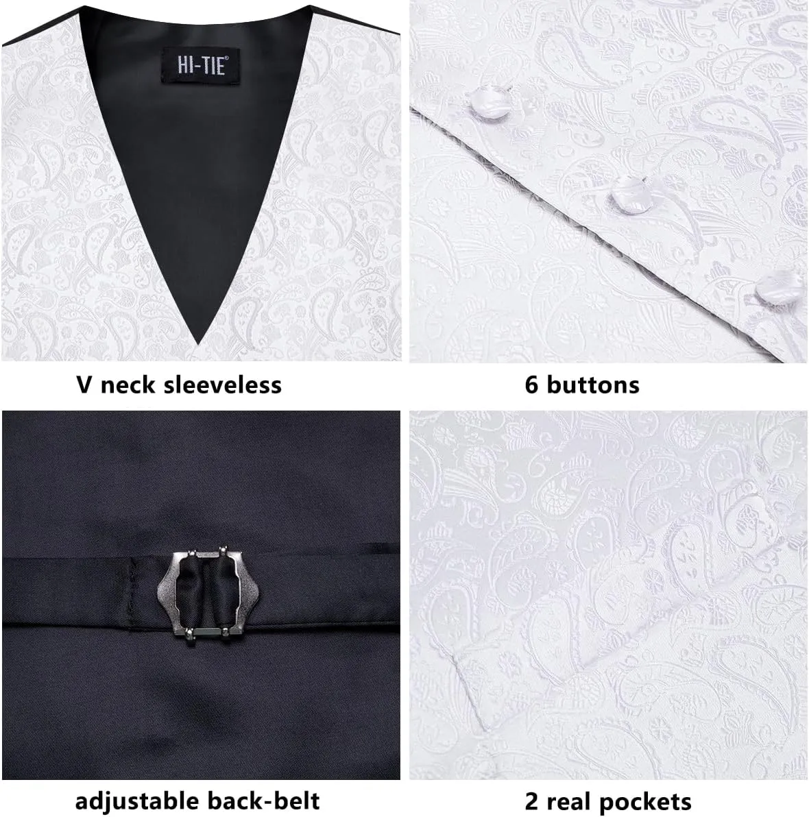 Hi-Tie Men's Silk Vest Bowtie Set Formal Suit Vest Jacquard Tie Handkerchief Cufflinks 5PCS Dress Waistcoats Wedding