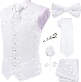 Hi-Tie Men's Silk Vest Bowtie Set Formal Suit Vest Jacquard Tie Handkerchief Cufflinks 5PCS Dress Waistcoats Wedding