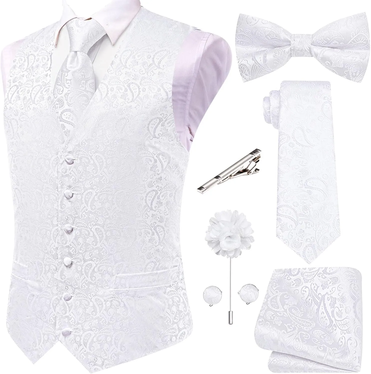 Hi-Tie Men's Silk Vest Bowtie Set Formal Suit Vest Jacquard Tie Handkerchief Cufflinks 5PCS Dress Waistcoats Wedding