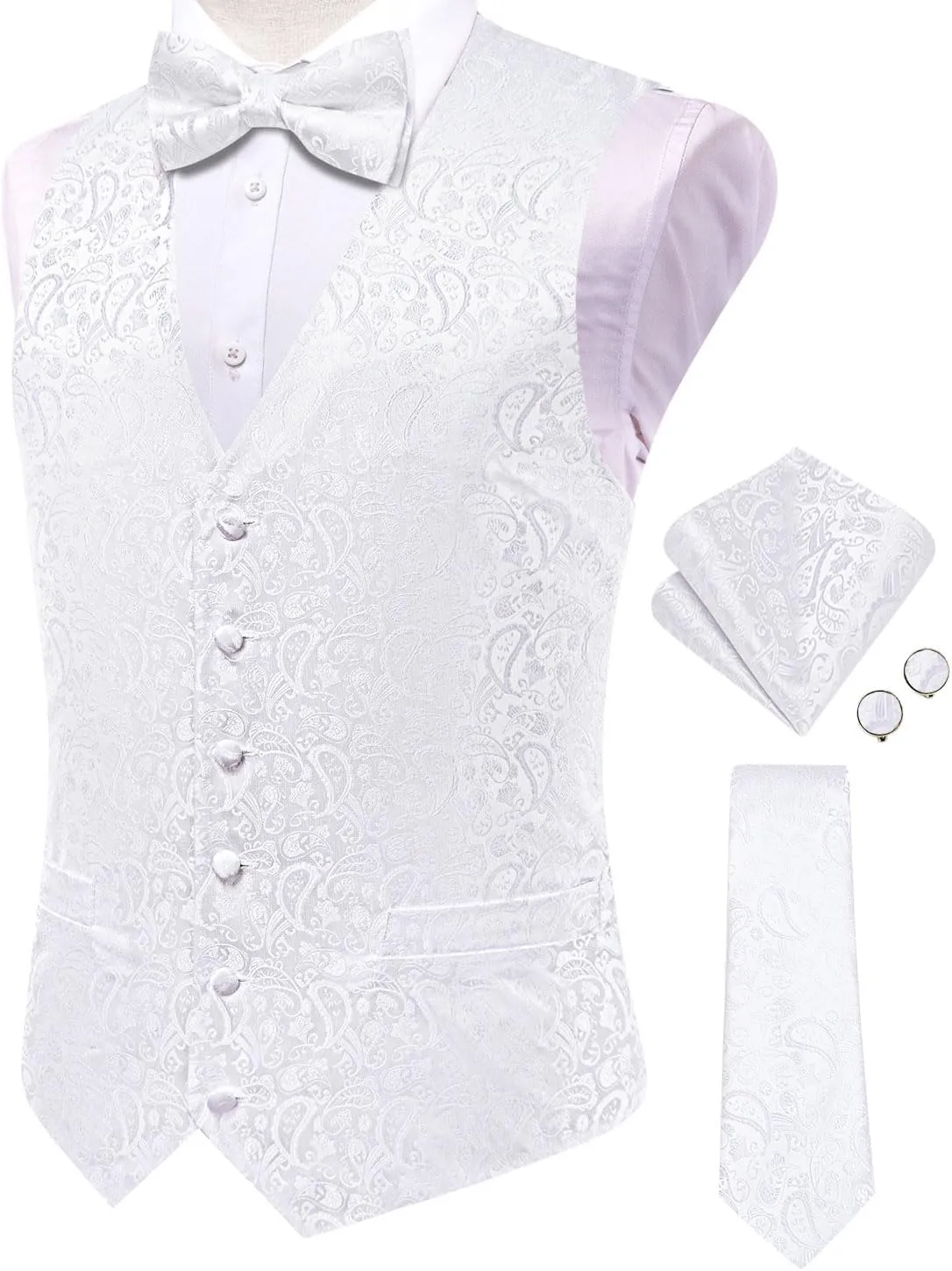 Hi-Tie Men's Silk Vest Bowtie Set Formal Suit Vest Jacquard Tie Handkerchief Cufflinks 5PCS Dress Waistcoats Wedding