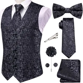 Hi-Tie Men's Silk Vest Bowtie Set Formal Suit Vest Jacquard Tie Handkerchief Cufflinks 5PCS Dress Waistcoats Wedding