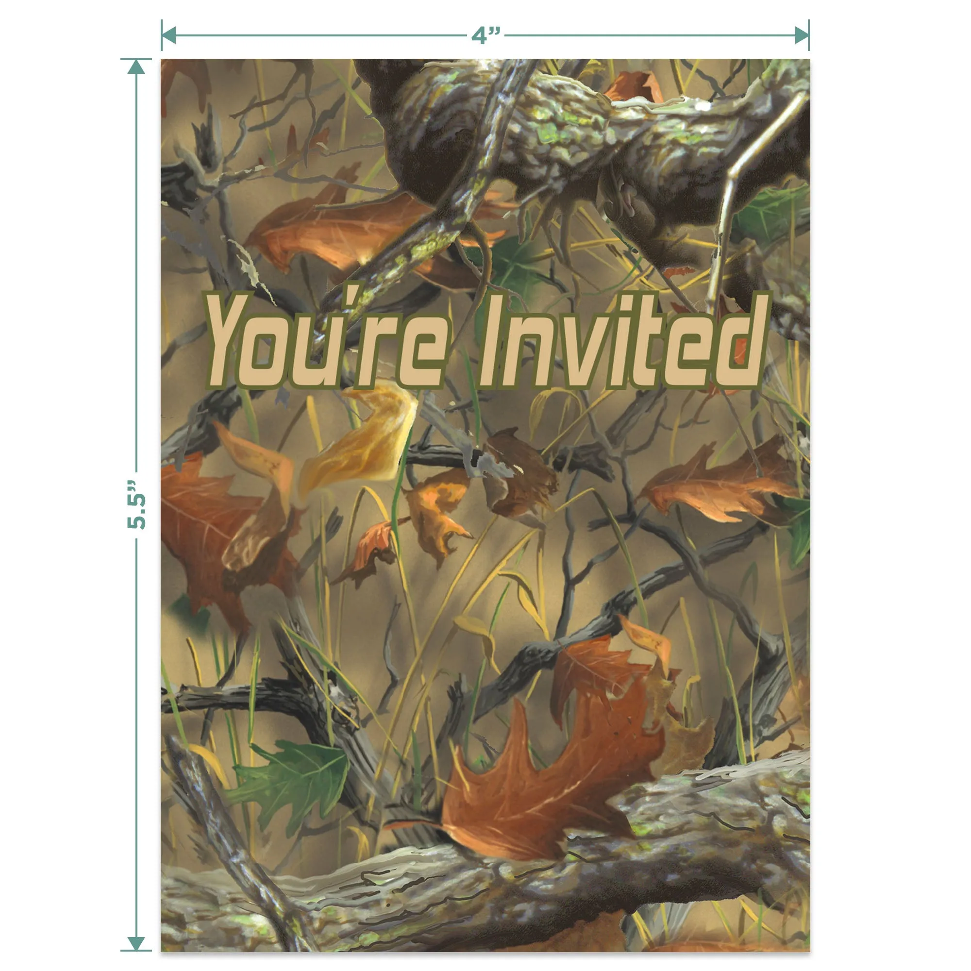 Hunting Camo Party Supplies - Comouflage Leaf Print Paper Invitations For 16 Guests