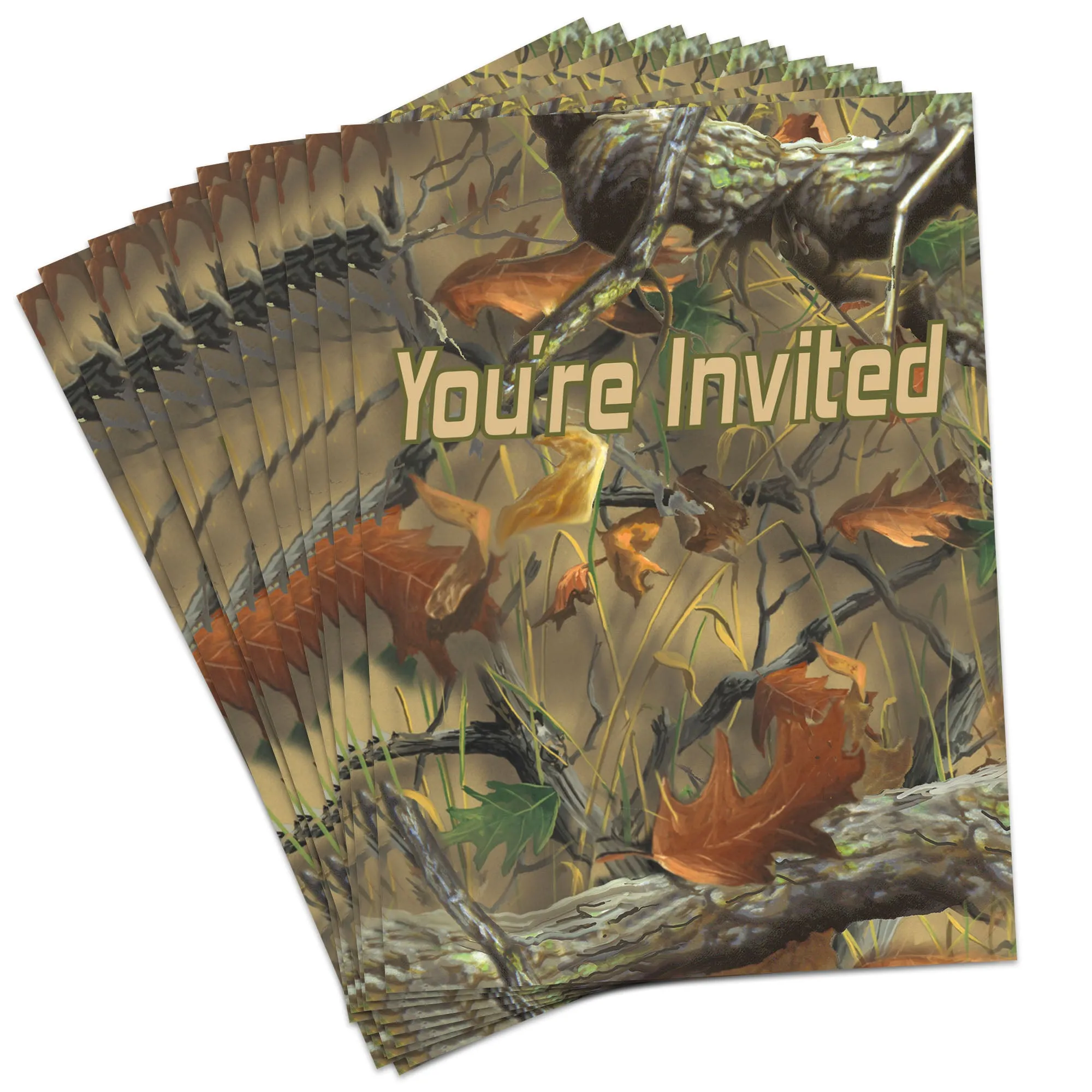 Hunting Camo Party Supplies - Comouflage Leaf Print Paper Invitations For 16 Guests