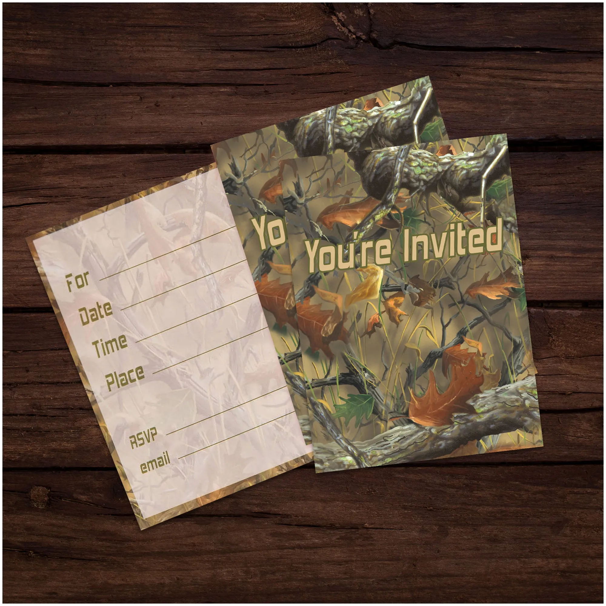 Hunting Camo Party Supplies - Comouflage Leaf Print Paper Invitations For 16 Guests