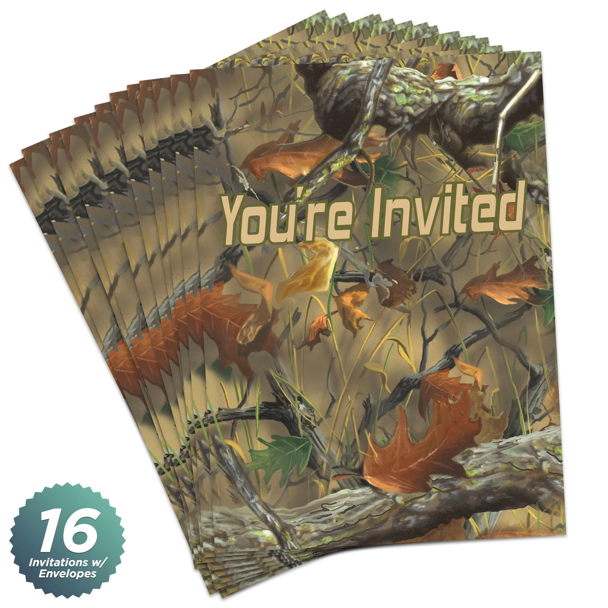 Hunting Camo Party Supplies - Comouflage Leaf Print Paper Invitations For 16 Guests