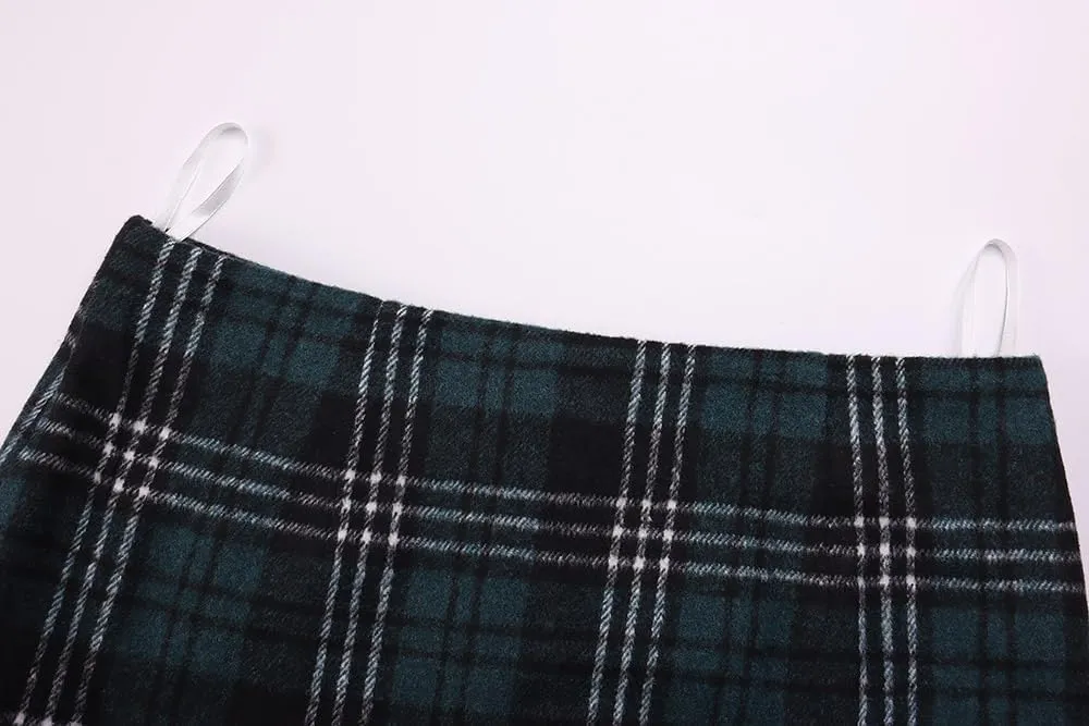 Islis Women's Wool Plaid Mini Skirts 2024 Fall Winter High Waist Zipper Bodycon Pencil Short Skirt
