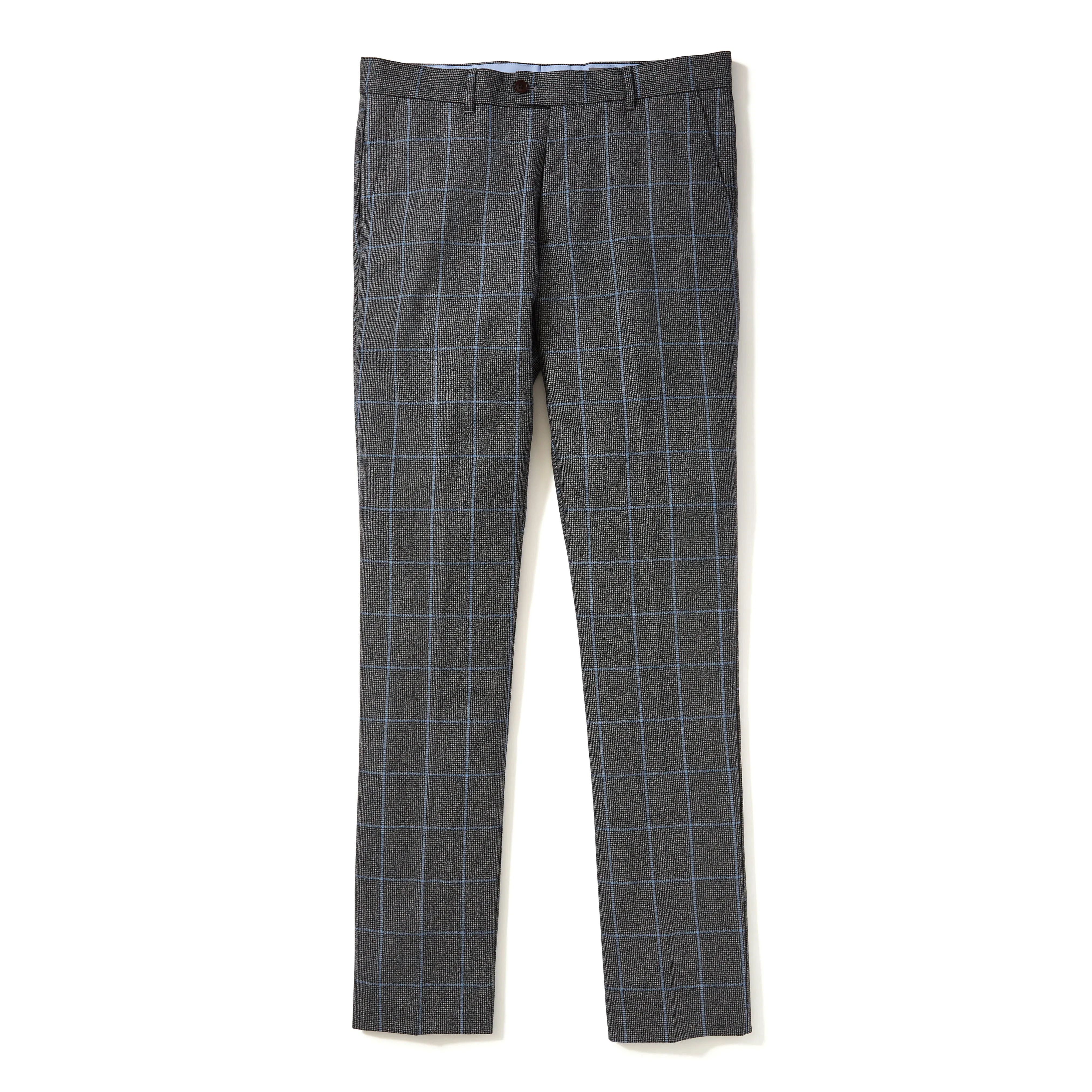 Italian Wool Dress Pants - Grey Light Blue Windowpane