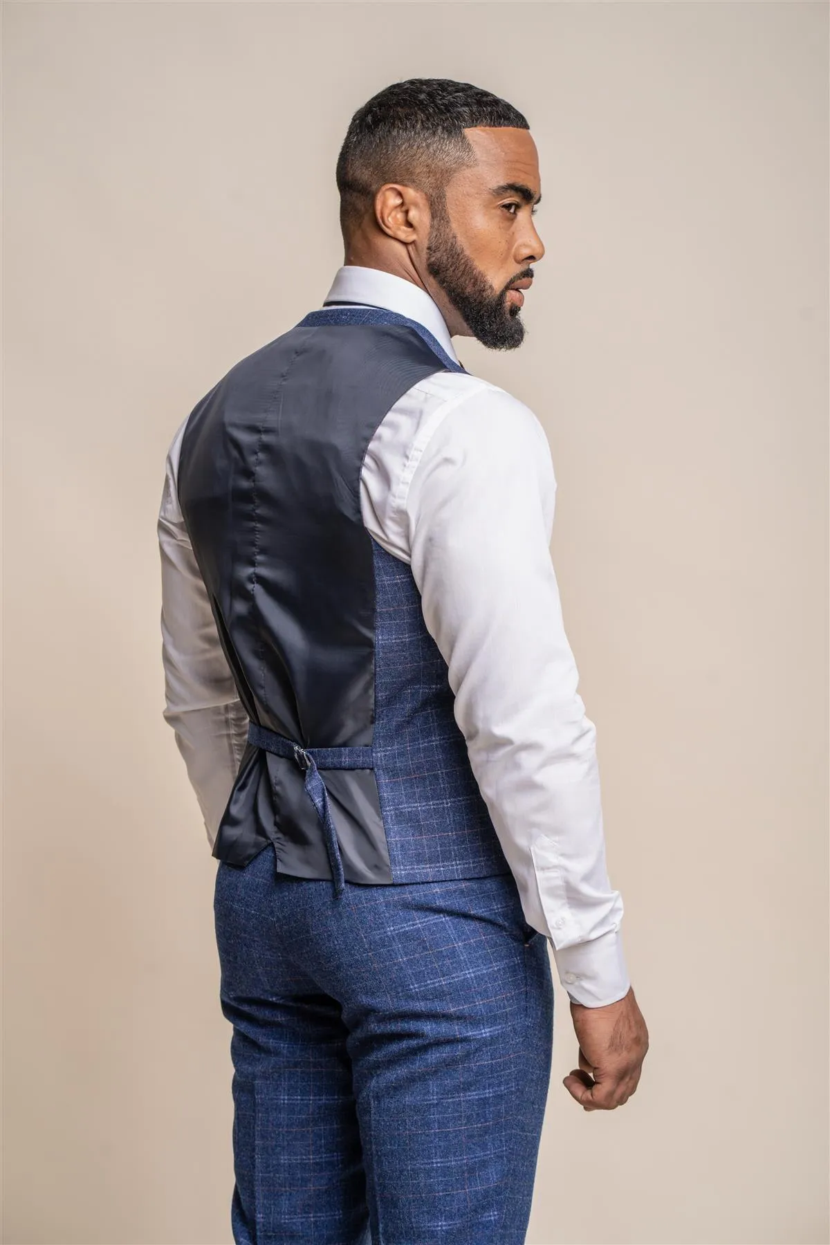 Kaiser Blue Checkered Waistcoat with Adjustable Back Strap