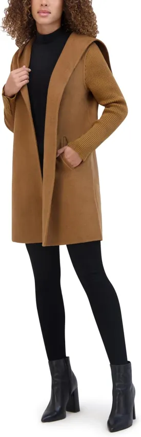 Kenneth Cole Women's Hooded Double Face Wool with Hidden Snap Closure and Rib Knit Sleeve Coat