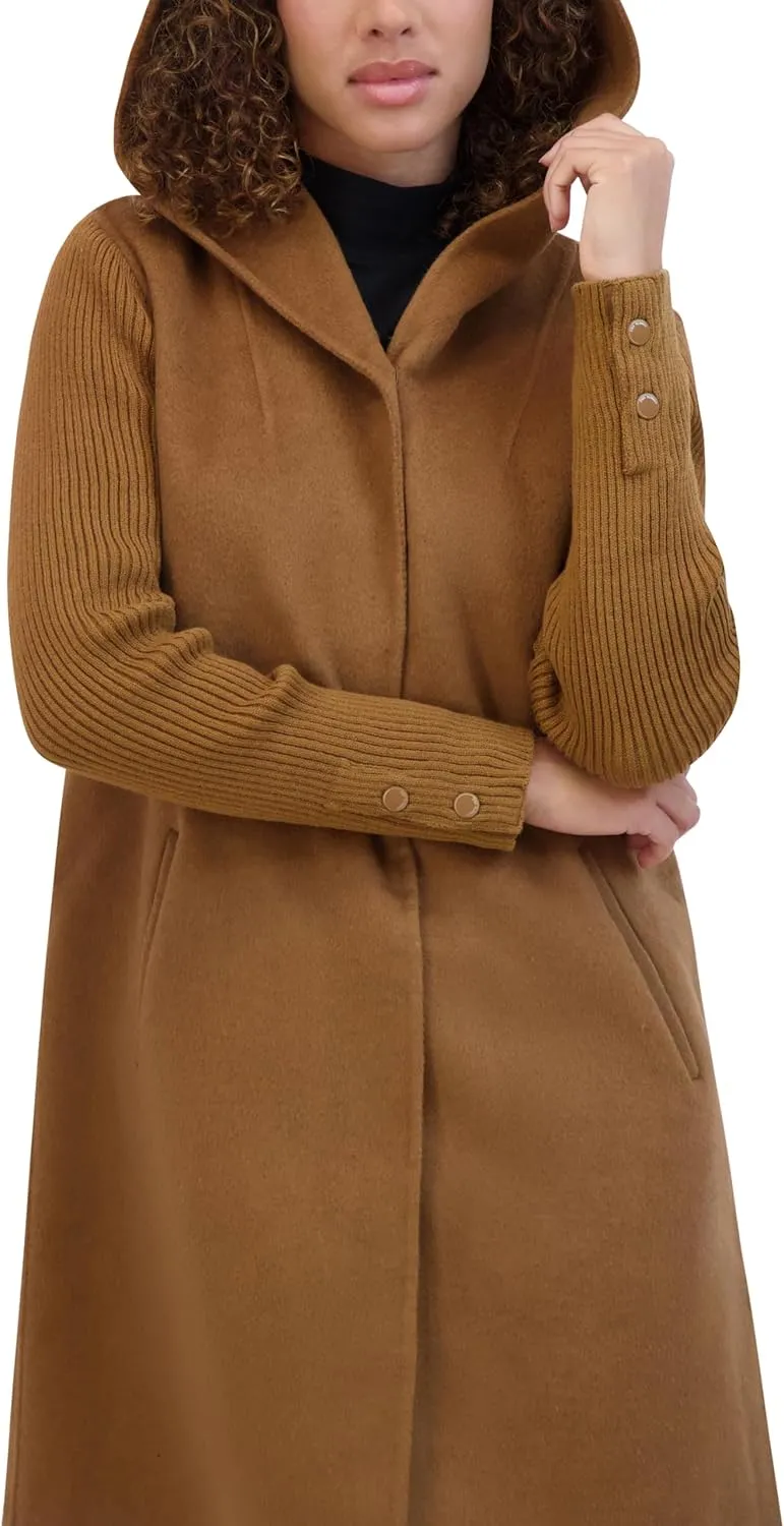 Kenneth Cole Women's Hooded Double Face Wool with Hidden Snap Closure and Rib Knit Sleeve Coat