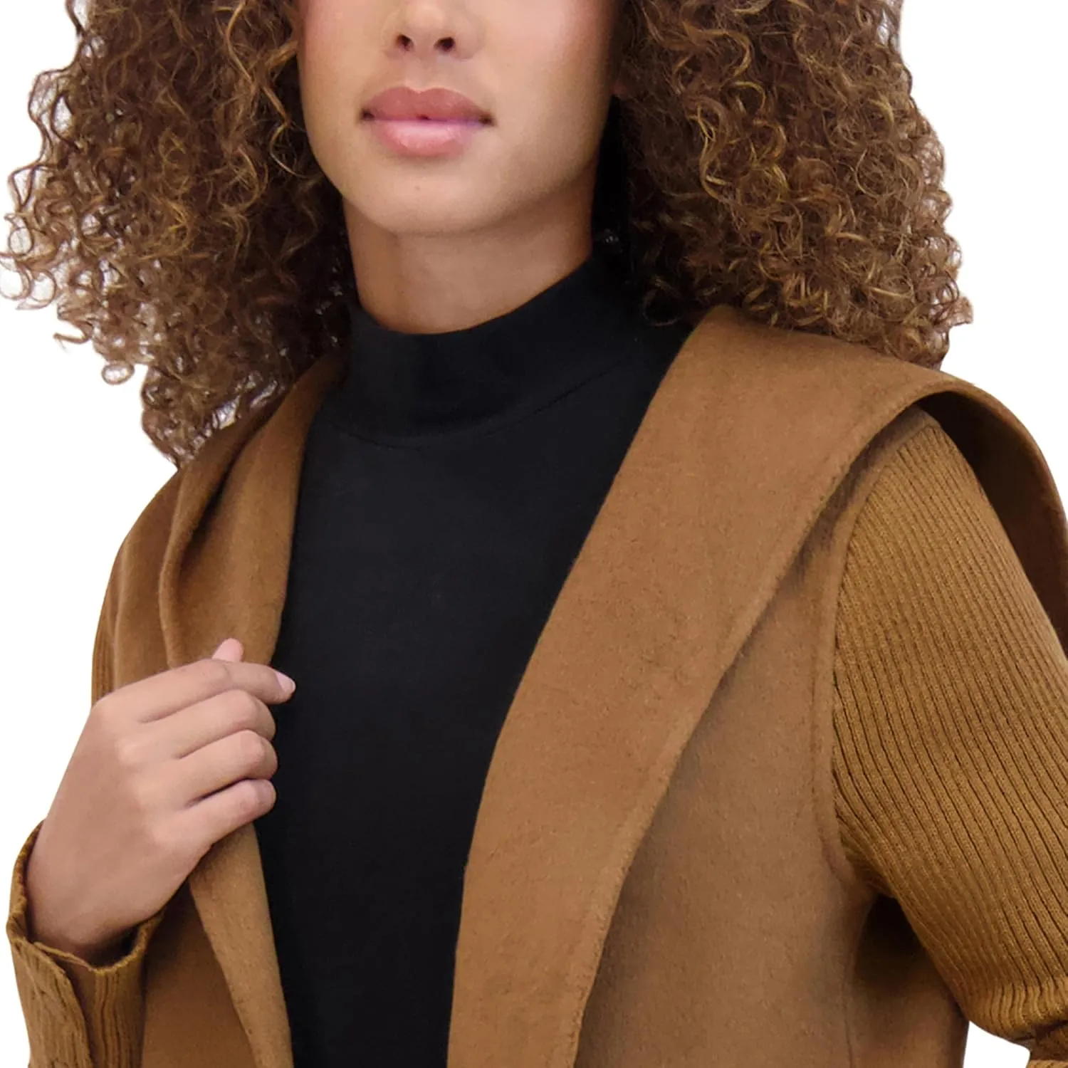 Kenneth Cole Women's Hooded Double Face Wool with Hidden Snap Closure and Rib Knit Sleeve Coat