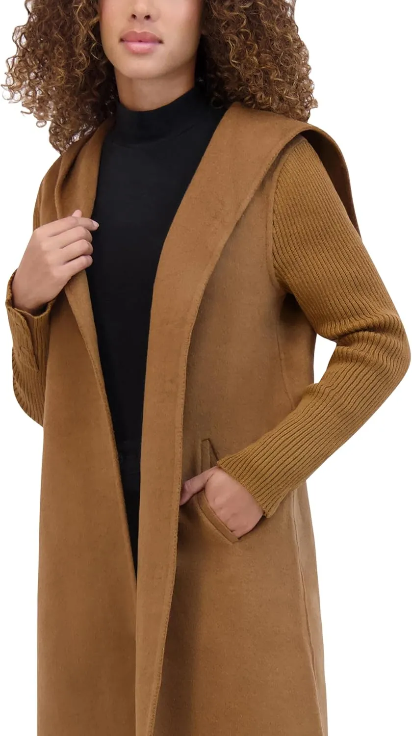 Kenneth Cole Women's Hooded Double Face Wool with Hidden Snap Closure and Rib Knit Sleeve Coat