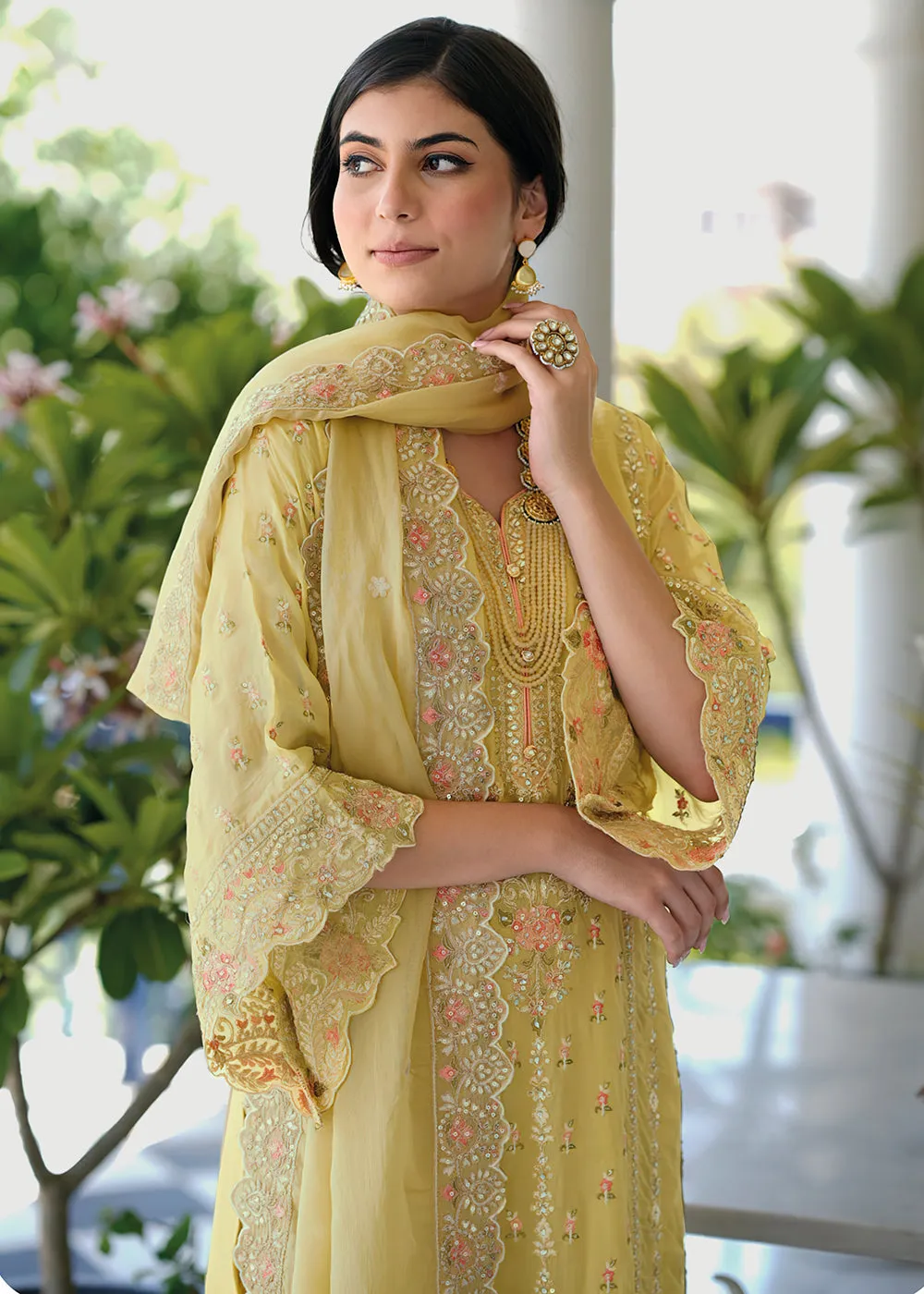 Light Yellow Soft Organza Embroidered Pant Style Salwar Suit