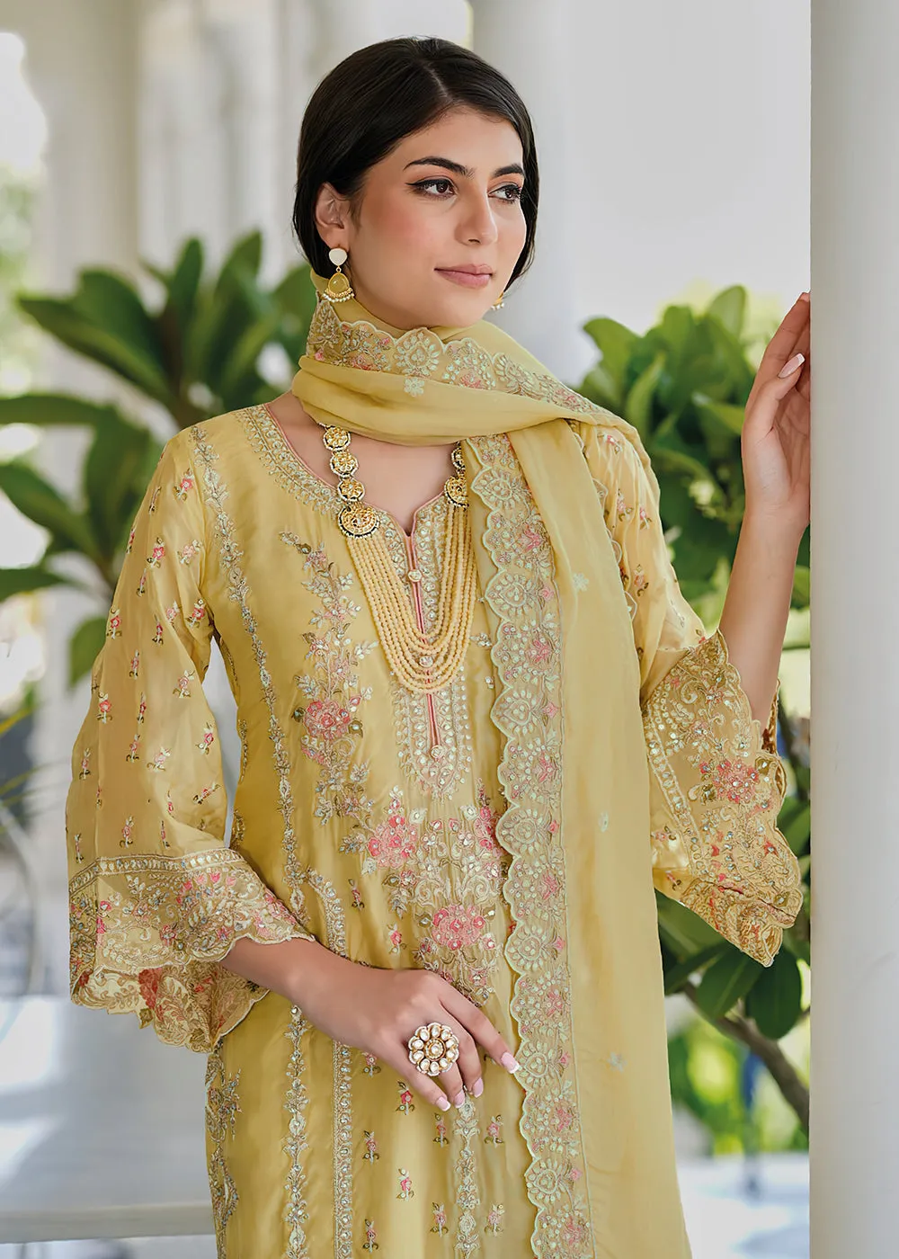 Light Yellow Soft Organza Embroidered Pant Style Salwar Suit