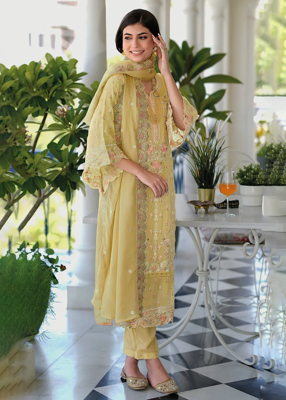Light Yellow Soft Organza Embroidered Pant Style Salwar Suit