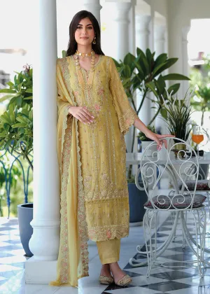 Light Yellow Soft Organza Embroidered Pant Style Salwar Suit