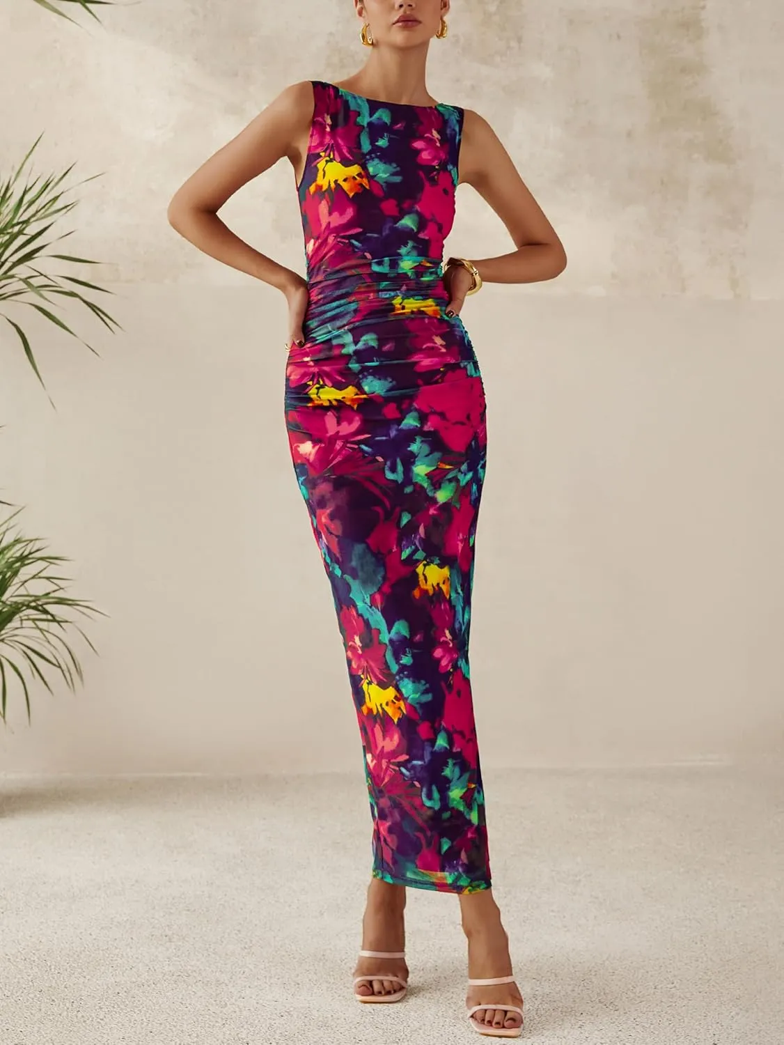 MASCOMODA Womens Bodycon Summer Dresses 2025 Sleeveless Floral Mesh Maxi Dress Side Slit Ruched Long Party Cocktail Dresses