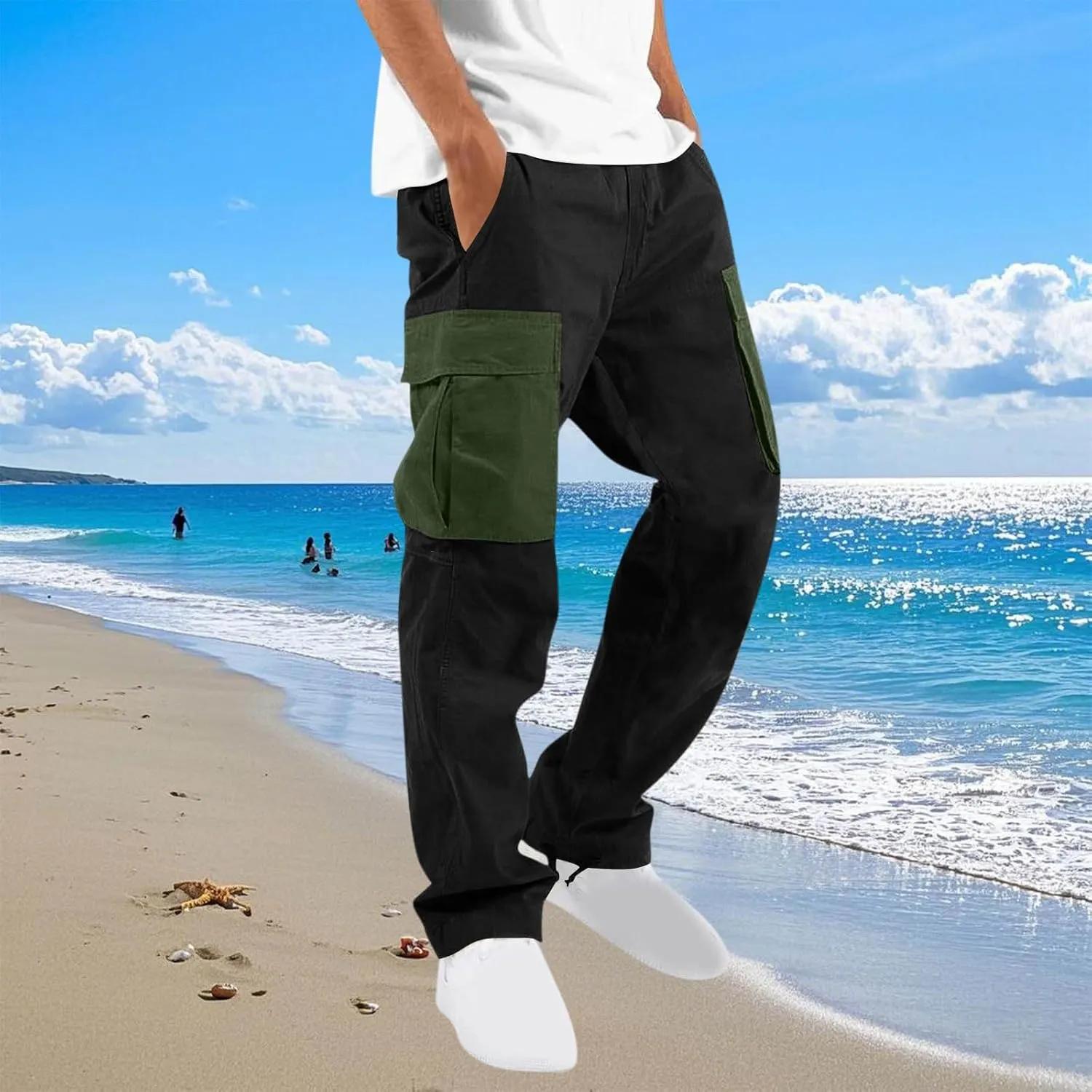 Mens Cargo Pants Elastic Waist Drawstring Joggers Cotton Athletic Pants Casual Hiking Pants Lightweight Sweatpants