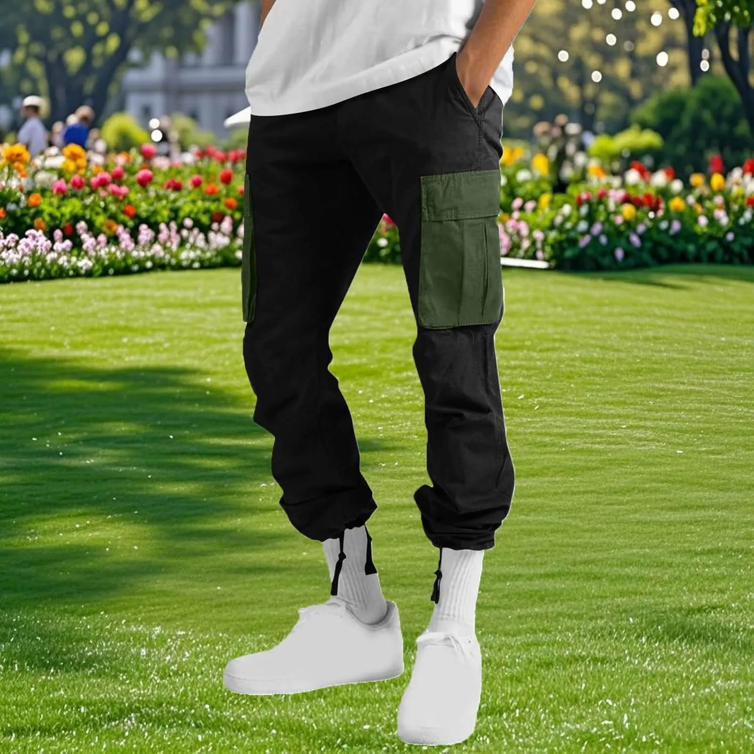 Mens Cargo Pants Elastic Waist Drawstring Joggers Cotton Athletic Pants Casual Hiking Pants Lightweight Sweatpants